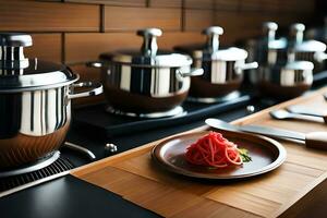 a kitchen with pots and pans on a wooden counter. AI-Generated photo