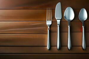 four silverware on a wooden table with a fork and spoon. AI-Generated photo