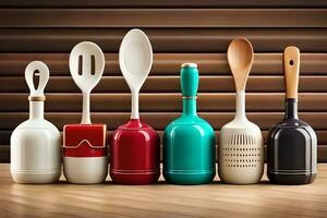 a group of different colored utensils are lined up. AI-Generated photo