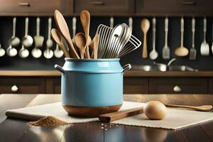kitchen utensils in a blue pot on a table. AI-Generated photo