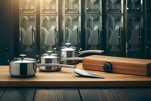 cocina utensilios en un de madera mesa con un de madera corte tablero. generado por ai foto