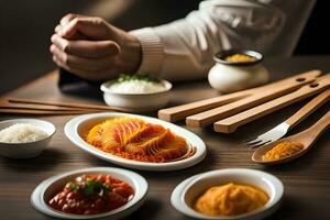 a man is holding a bowl of food on a table. AI-Generated photo