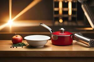 a red pot and bowl on a table with a knife and a knife sharpener. AI-Generated photo