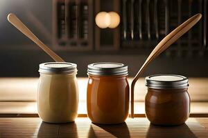 three jars of honey and a spoon. AI-Generated photo