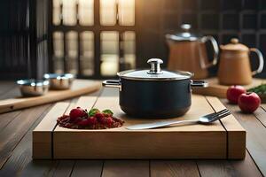 a pot and spoon on a wooden cutting board. AI-Generated photo