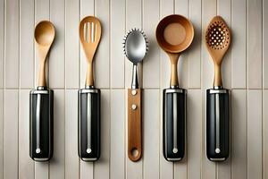 five different utensils are lined up on a wooden surface. AI-Generated photo