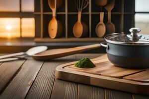 a wooden cutting board with a pot and wooden utensils. AI-Generated photo