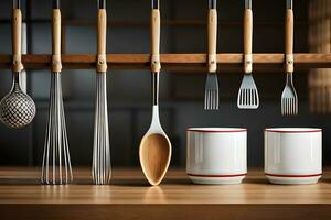 kitchen utensils on a shelf. AI-Generated photo