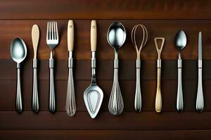 a collection of silverware on a wooden table. AI-Generated photo