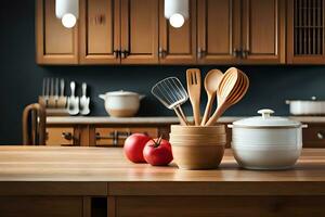 kitchen utensils on wooden countertop. AI-Generated photo