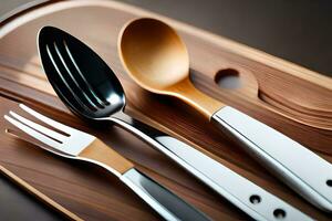 three silver and gold utensils sit on a wooden tray. AI-Generated photo