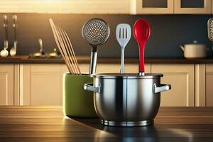 a kitchen with utensils and a pot on a table. AI-Generated photo