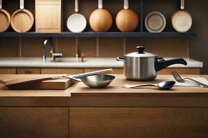 a kitchen counter with a wooden table and a pot and spoon. AI-Generated photo