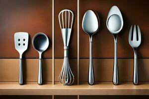 kitchen utensils on a shelf. AI-Generated photo
