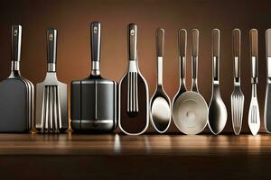 a collection of kitchen utensils lined up on a table. AI-Generated photo
