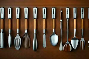 a set of utensils are arranged on a shelf. AI-Generated photo