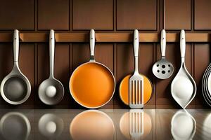 a row of kitchen utensils are hanging on a wall. AI-Generated photo