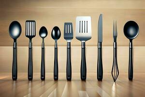 a set of black kitchen utensils on a wooden table. AI-Generated photo