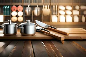 cocina utensilios en de madera mesa con de madera estantes. generado por ai foto