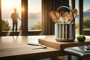 a wooden utensil rack with utensils sitting on a table. AI-Generated photo