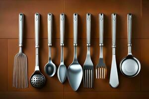 a group of silverware on a brown surface. AI-Generated photo