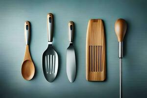 a group of four wooden utensils on a table. AI-Generated photo