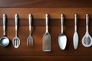 a group of six different utensils on a wooden surface. AI-Generated photo