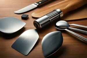 un variedad de cocina utensilios incluso cuchillos, cucharas y tenedores. generado por ai foto