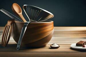 a wooden bowl with utensils and a chocolate bar. AI-Generated photo