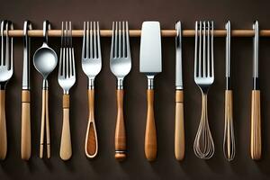 a group of utensils are arranged on a wooden rack. AI-Generated photo