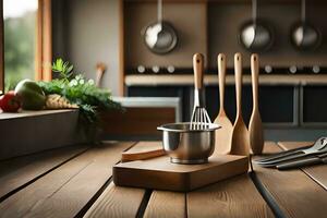 kitchen utensils on wooden table. AI-Generated photo