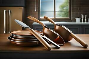 copper cookware on a kitchen counter. AI-Generated photo