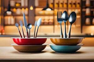 a set of colorful bowls and spoons on a table. AI-Generated photo
