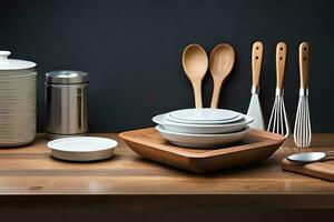 a wooden table with a wooden cutting board, spoons, and bowls. AI-Generated photo