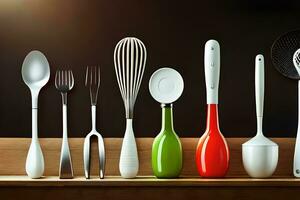 a row of kitchen utensils are lined up on a shelf. AI-Generated photo