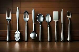 a group of silverware on a wooden table. AI-Generated photo
