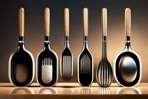 five different utensils are lined up in a row. AI-Generated photo