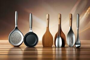 a group of different utensils on a wooden table. AI-Generated photo