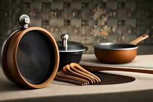 a kitchen with wooden utensils and pans. AI-Generated photo