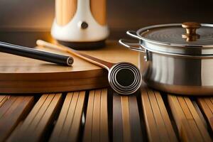 un de madera mesa con un maceta y de madera cuchara. generado por ai foto