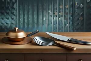 a wooden table with a knife, spoon and fork. AI-Generated photo