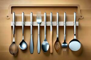 a set of utensils are hanging on a wooden shelf. AI-Generated photo