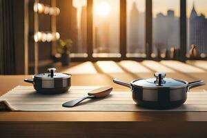two pots and a spoon on a table in front of a cityscape. AI-Generated photo