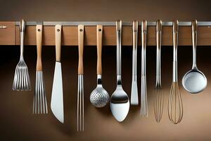 a rack with many different utensils hanging on it. AI-Generated photo