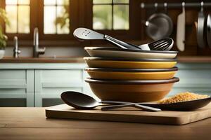 a stack of bowls and spoons on a wooden table. AI-Generated photo