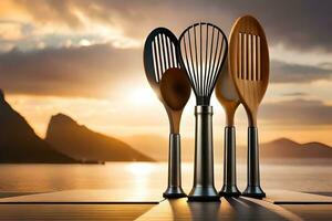 kitchen utensils on a wooden table with a sunset in the background. AI-Generated photo