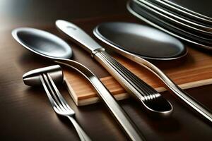 a set of silverware on a wooden cutting board. AI-Generated photo