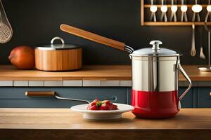 a red coffee pot on a wooden counter. AI-Generated photo