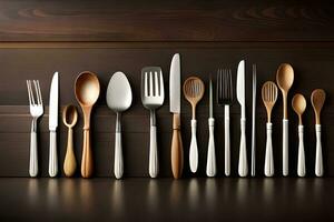 a collection of silver and gold utensils on a wooden table. AI-Generated photo