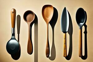 cinco diferente tipos de cocina utensilios son mostrado. generado por ai foto
